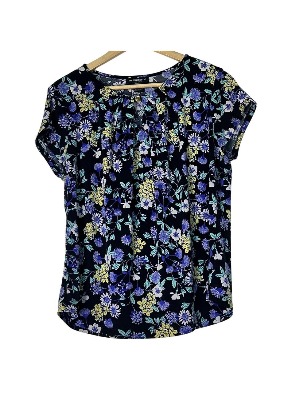 Liz Claiborne Career Work Spring Floral Blouse PL Short Sleeve Top Stretch